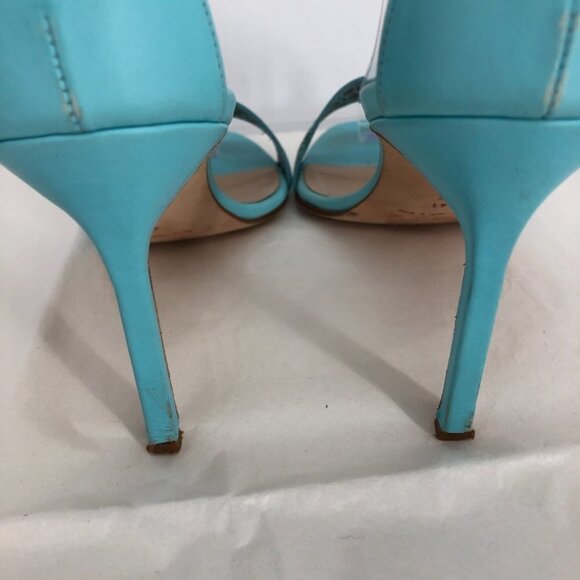 Manolo  Blahnik Maurila Turquoise Geometric Laser Cut Sandal Heels Leather 41 - Picture 12 of 16